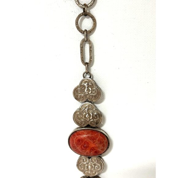 Vintage Marked Sterling Silver & Red Stone Adjustable Bracelet Estate Jewelry - Picture 4 of 13